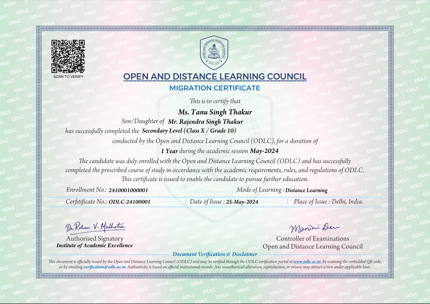 ODLC specimen certificate