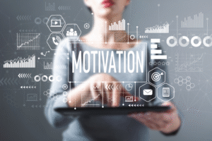 Digital illustration representing motivation and goal achievement with productivity icons, progress charts, target symbols, and a tablet interface, symbolizing focused learning and academic success.