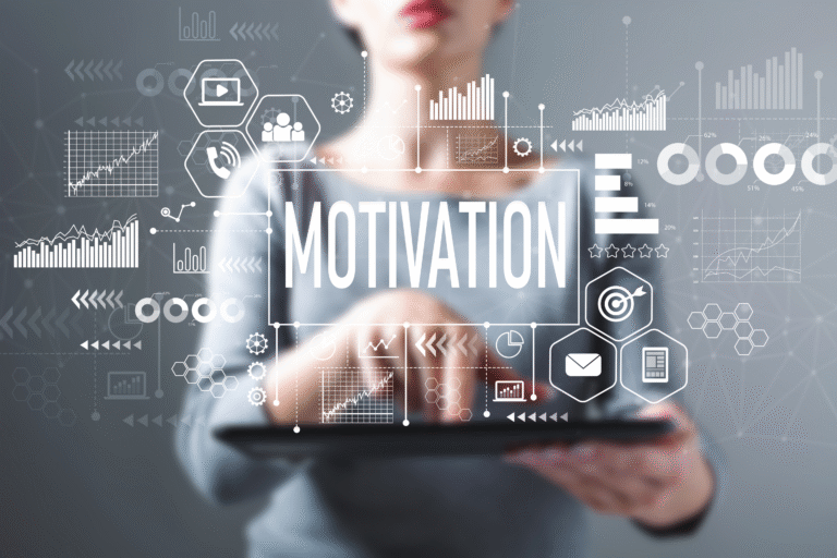 Digital illustration representing motivation and goal achievement with productivity icons, progress charts, target symbols, and a tablet interface, symbolizing focused learning and academic success.