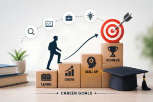A modern illustration of a learner progressing toward career success through open and distance learning, featuring educational icons, a career target, and symbols representing skill development, flexibility, and professional growth.