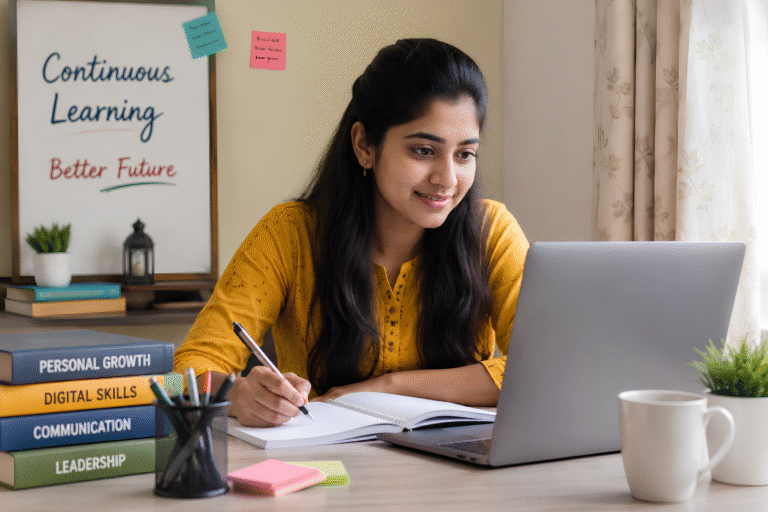Young Indian girl studying on a laptop at her desk, demonstrating continuous learning through online education and skill development.