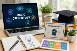 Modern workspace with a laptop, books, graduation cap, certificate, and study materials representing micro-credentials, flexible learning, skill development, and career-focused education.