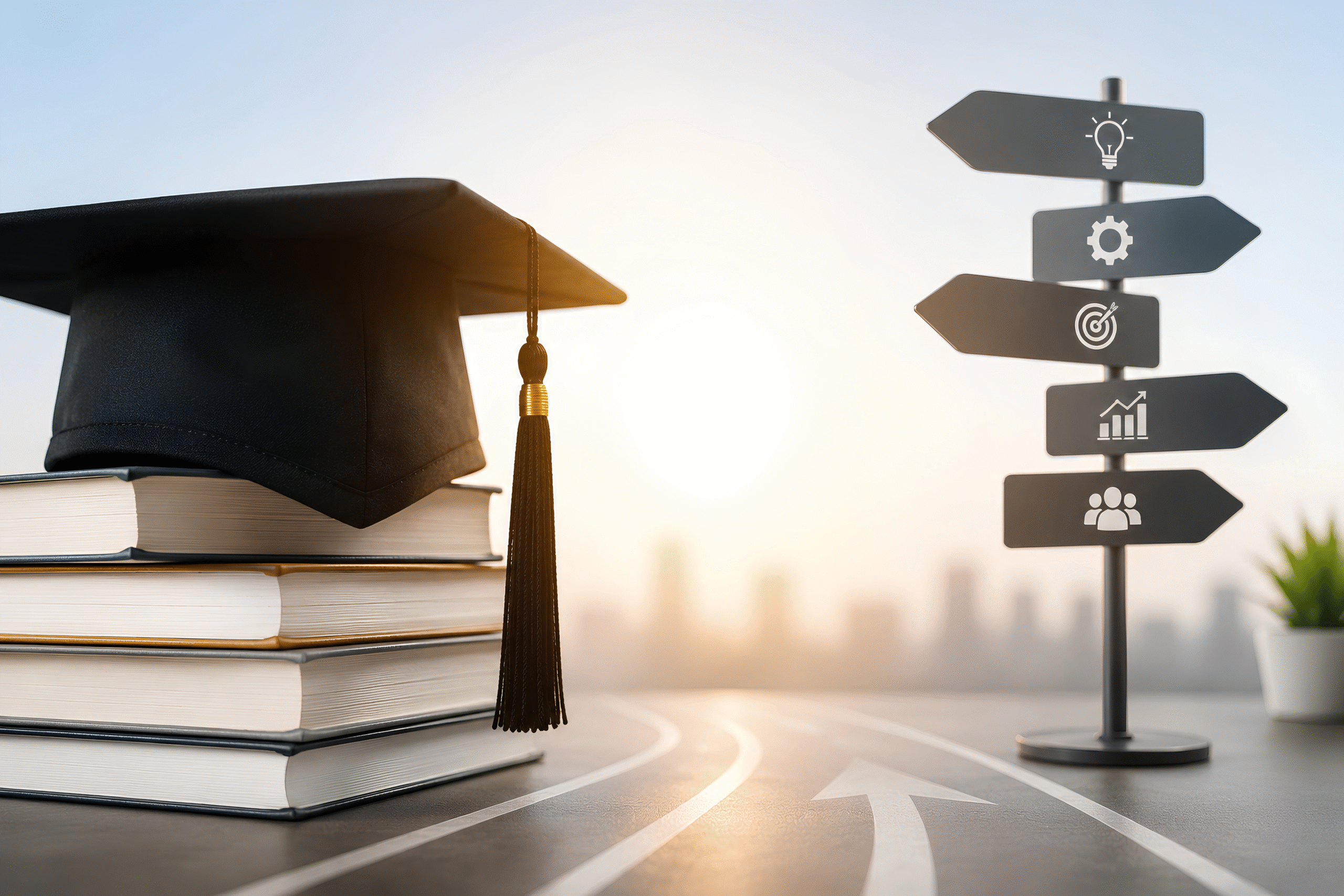 Graduation cap on books beside a career direction signpost, symbolizing education, skills, and future career opportunities.