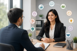 A job interview scene showing a professional candidate confidently speaking with an interviewer, surrounded by visual icons representing communication, teamwork, problem-solving, adaptability, active listening, emotional awareness, time management, and professionalism.