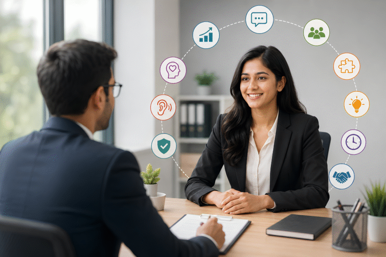 A job interview scene showing a professional candidate confidently speaking with an interviewer, surrounded by visual icons representing communication, teamwork, problem-solving, adaptability, active listening, emotional awareness, time management, and professionalism.