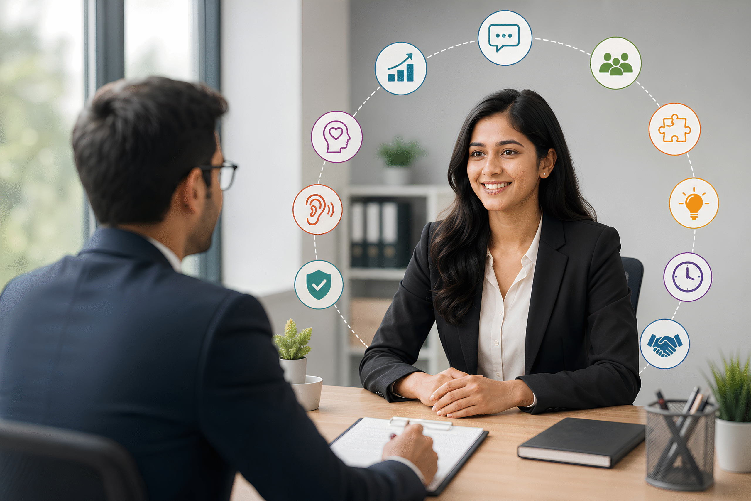 A job interview scene showing a professional candidate confidently speaking with an interviewer, surrounded by visual icons representing communication, teamwork, problem-solving, adaptability, active listening, emotional awareness, time management, and professionalism.