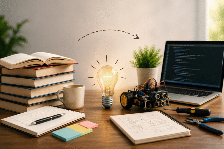 A student applying classroom knowledge through hands-on practical learning, using tools and completing a real-world project instead of simply memorizing information.
