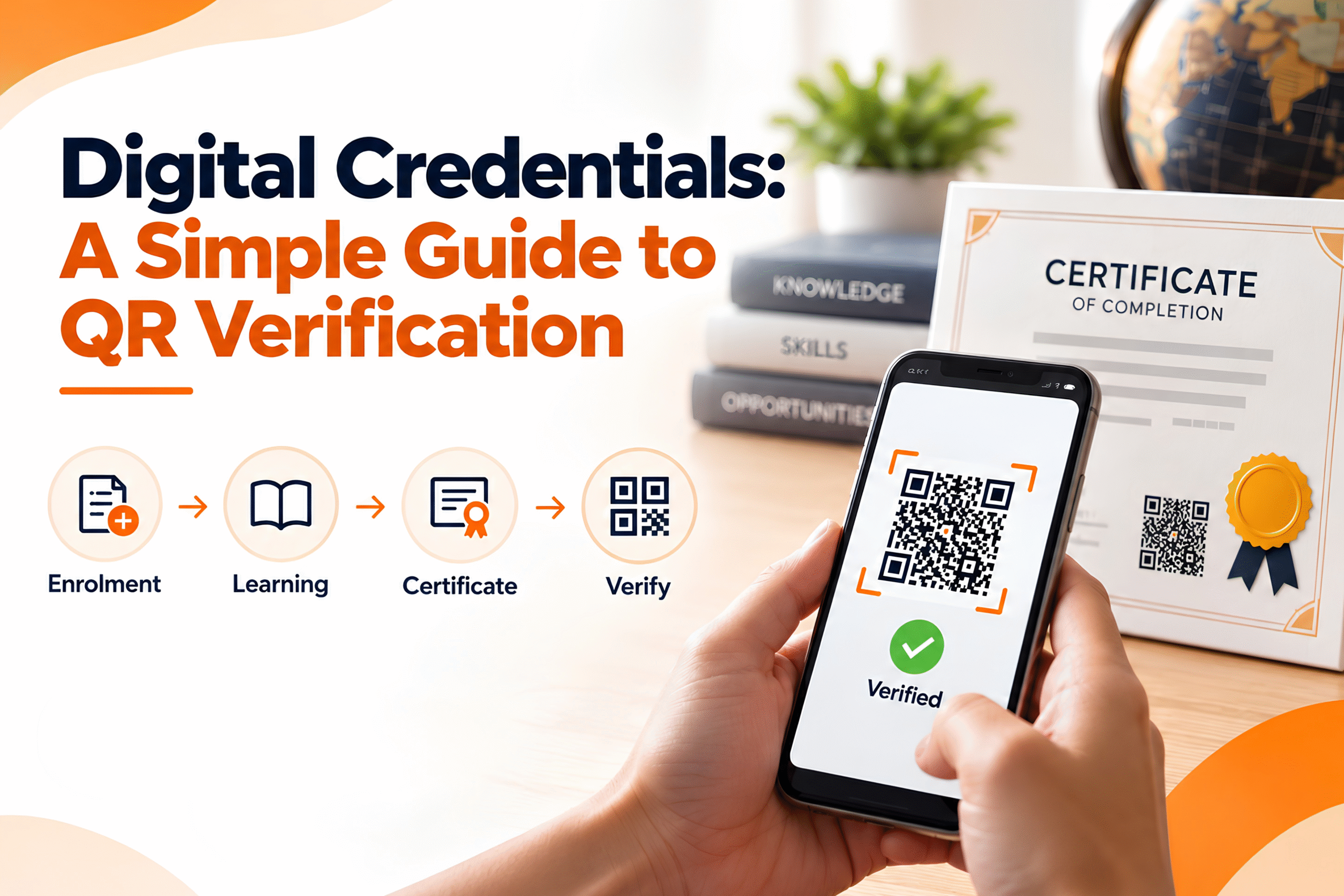 Digital credentials infographic showing enrolment, learning, certificate, and QR verification using a smartphone.