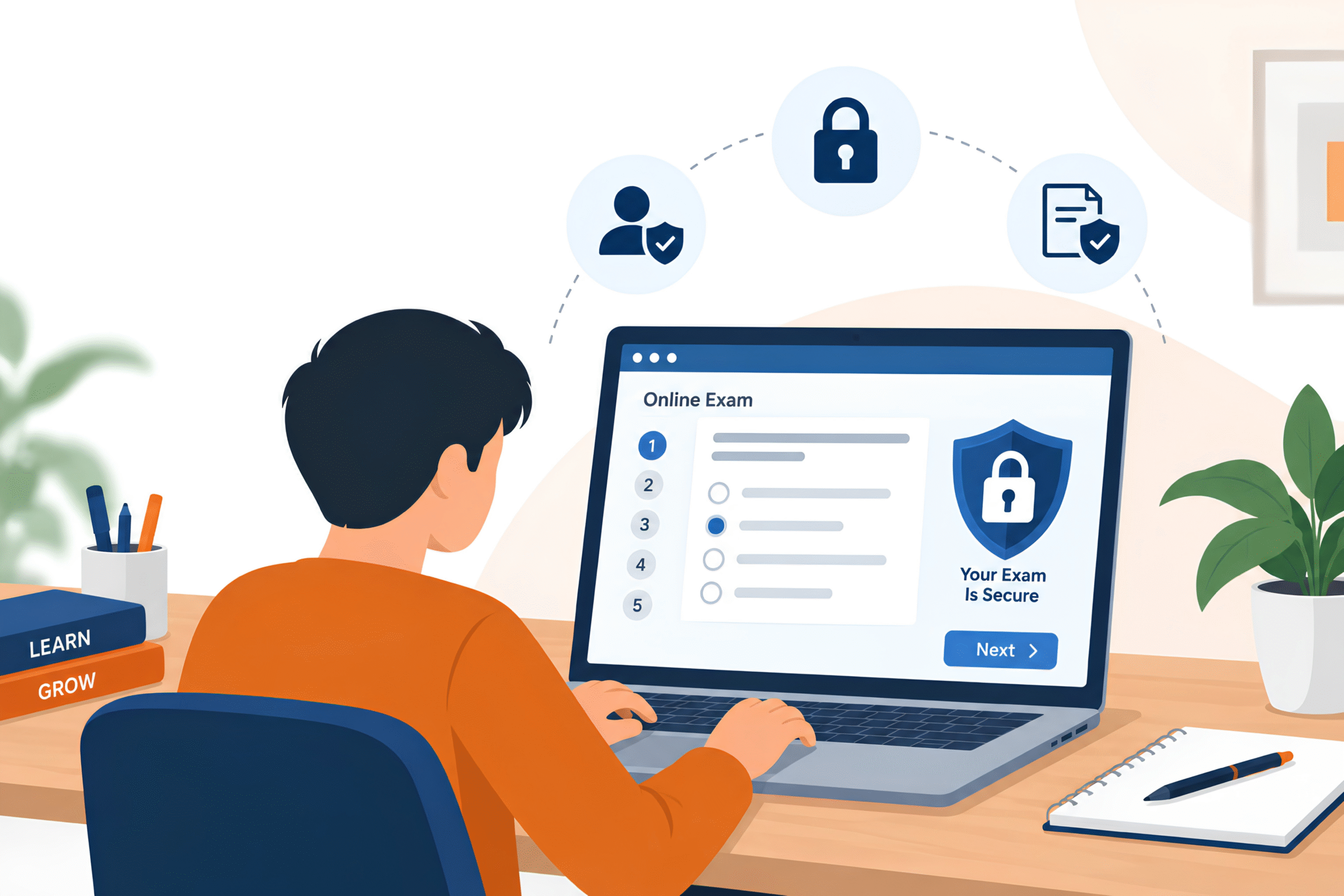 Secure online exams shown on a laptop with authentication, exam protection, and digital security features.