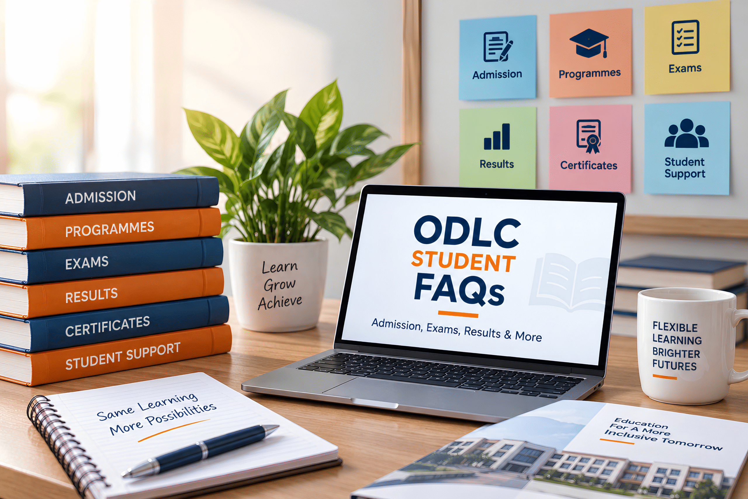 ODLC Student FAQs banner showing admission, programmes, exams, results, certificates, and student support.