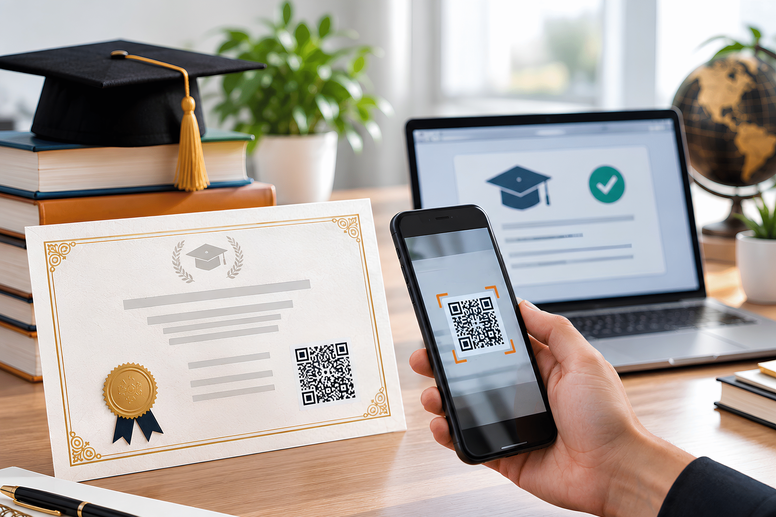 ODLC academic credential verification shown through a QR code scanned on a certificate using a smartphone.