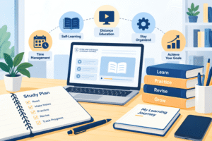 Self-Learning and distance education workspace featuring an ODLC learning portal, study plan, books, and time management icons.