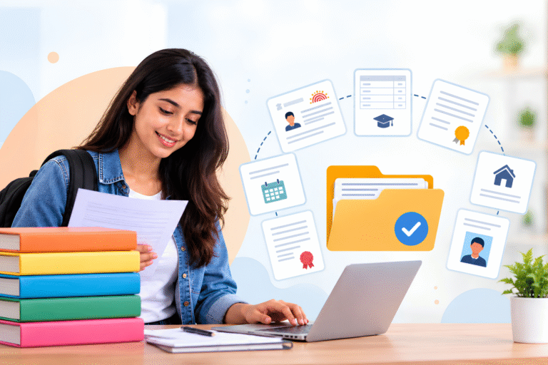 Student organizing academic documents with a laptop, books, certificates, identity records, and a secure document folder.