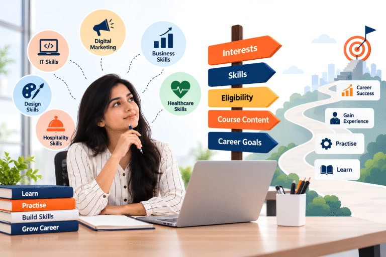 Student exploring Skill Course options with career goals, practical skills, and different career fields displayed around her.