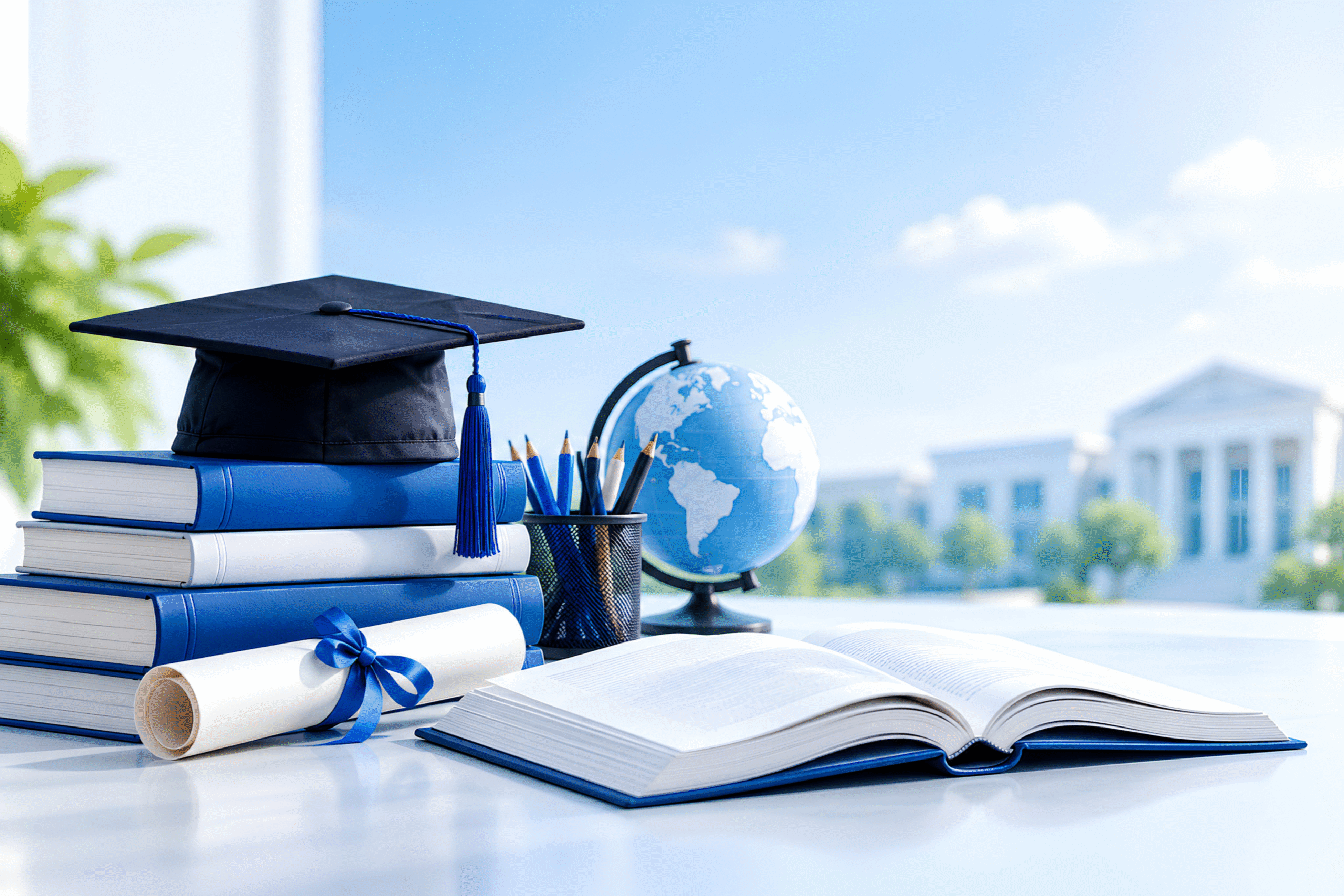 Academic Qualification and Skill Certification represented by textbooks, a graduation cap, a diploma, and an open book in a blue-and-white educational setting.