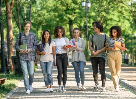 Young happy students walking while talking. Looking aside. Picture of multiethnic group of young cheerful students walking while talking. Looking aside.
